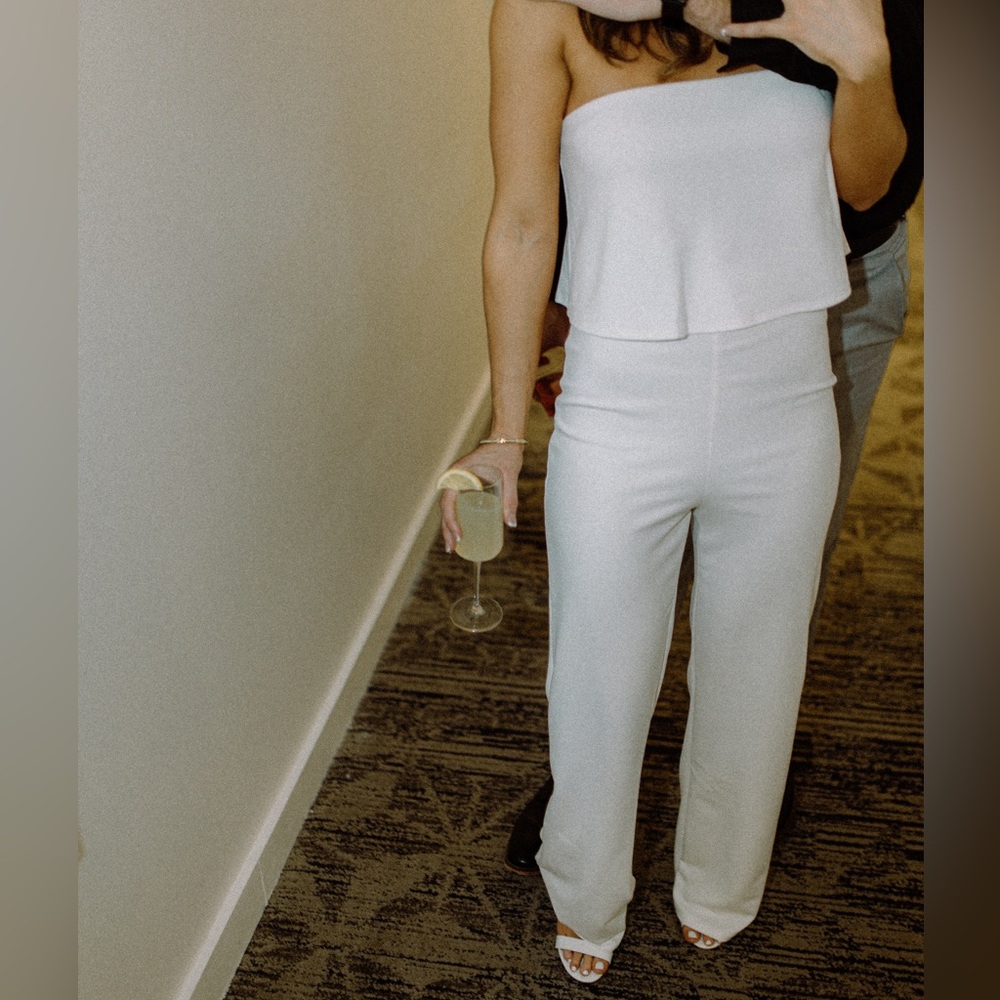 Lulu’s white strapless jumpsuit. Size S. Very stretchy.. Crepe material